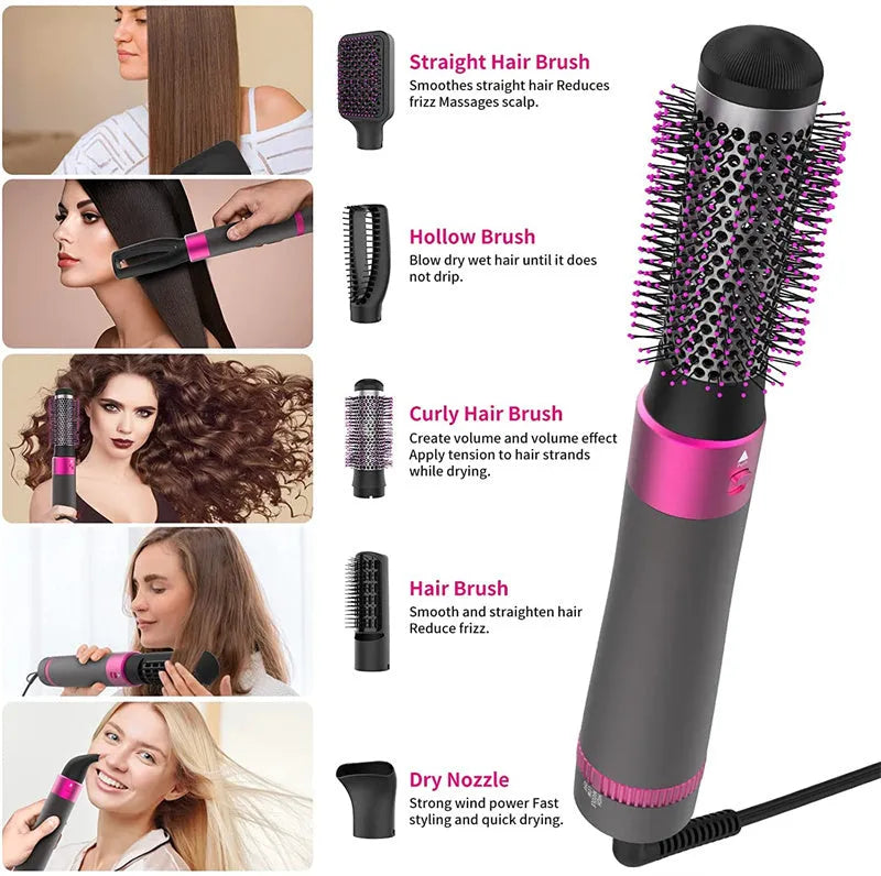 Dyson grey 5-in-1 hair dryer brush styling tool with multiple brush attachments