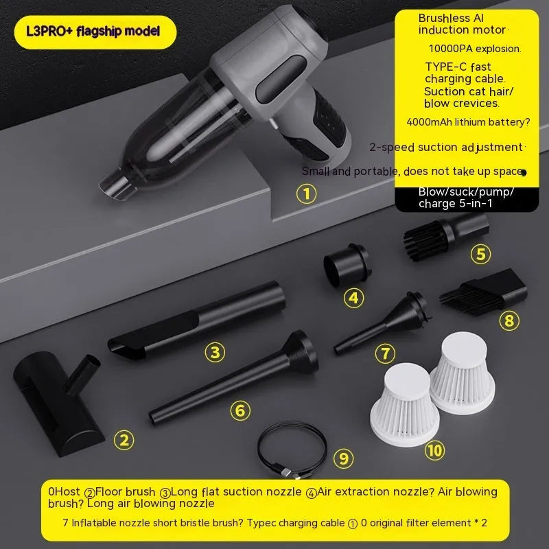 Standard Black car wireless handheld vacuum cleaner with 6KPa suction, 4000mAh battery, and Type-C port