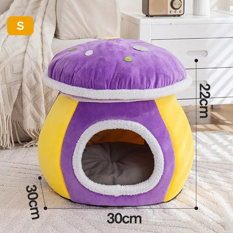 Grey mushroom-shaped plush cat bed showing enclosed cave design for cats.