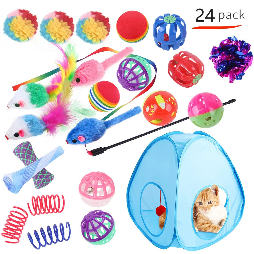 Plastic cat toy channel maze set with coloured accessories for feline play