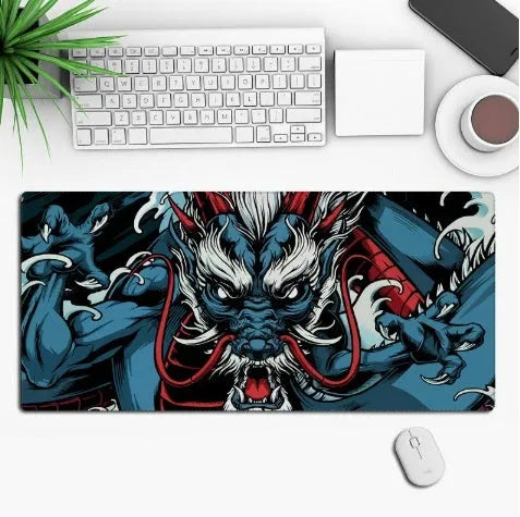 Custom anime graphic gaming mouse pad with non-slip rubber base on a desk.