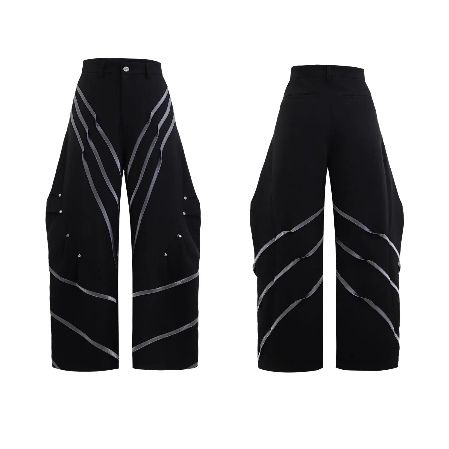 Men's polyester trousers with three-dimensional cutting and metal striped rivet pleated design