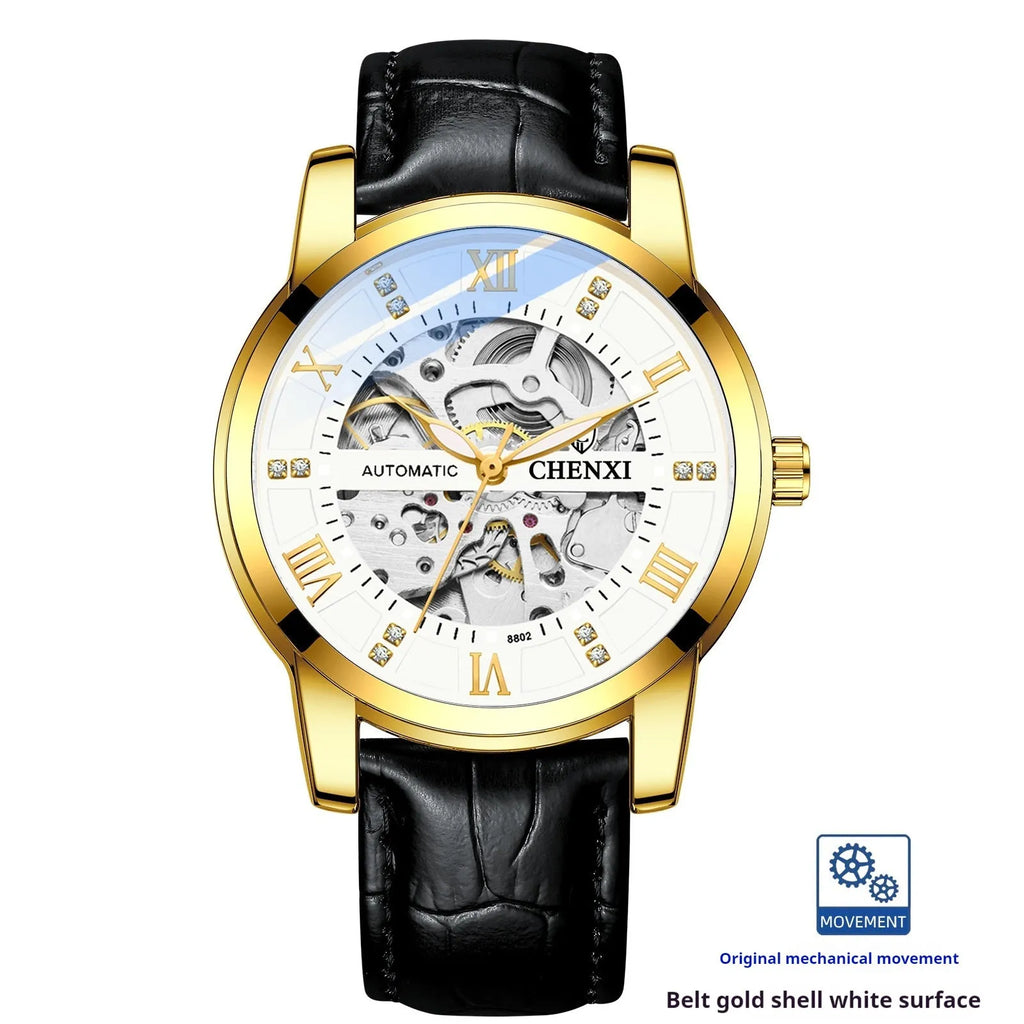 Hollow automatic mechanical watch with belt and black or gold shell, 13mm thickness, men's business style
