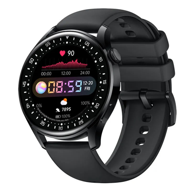 Black sports health monitoring smart watch with 1.32 inch screen and silicone wristband showing step counting interface