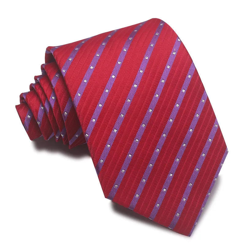 Man's red, black, and blue striped jacquard business tie with an 8cm width.