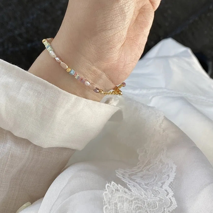 Women's natural pearl bracelet and necklace set with 14K gold gilded purple silver finish