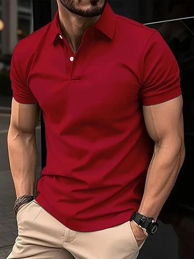 Men's slim fit solid colour cotton blend short sleeve button-down shirt on a hanger.