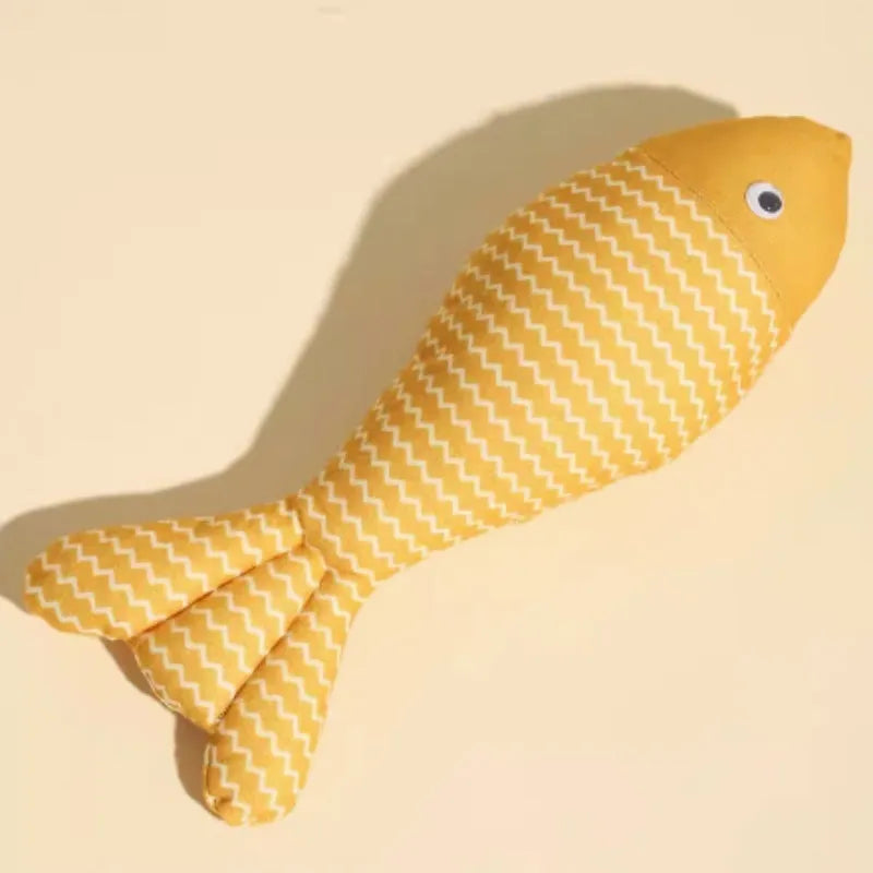 Catnip-filled fabric fish toy in blue, red or yellow available in large, medium and small sizes