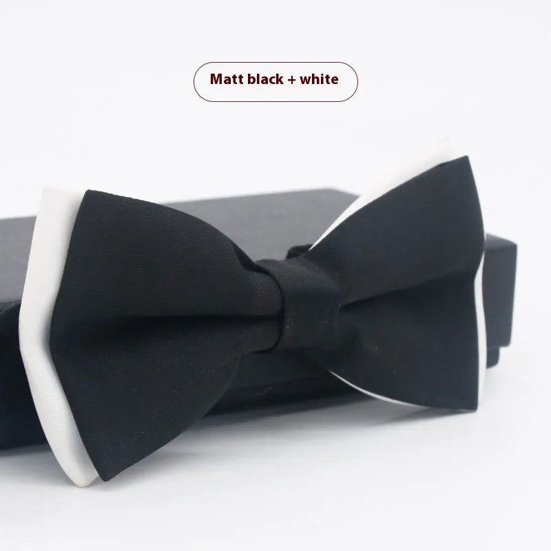 Men's flat head style polyester bow tie in a solid colour, shown with adjustable neck strap.