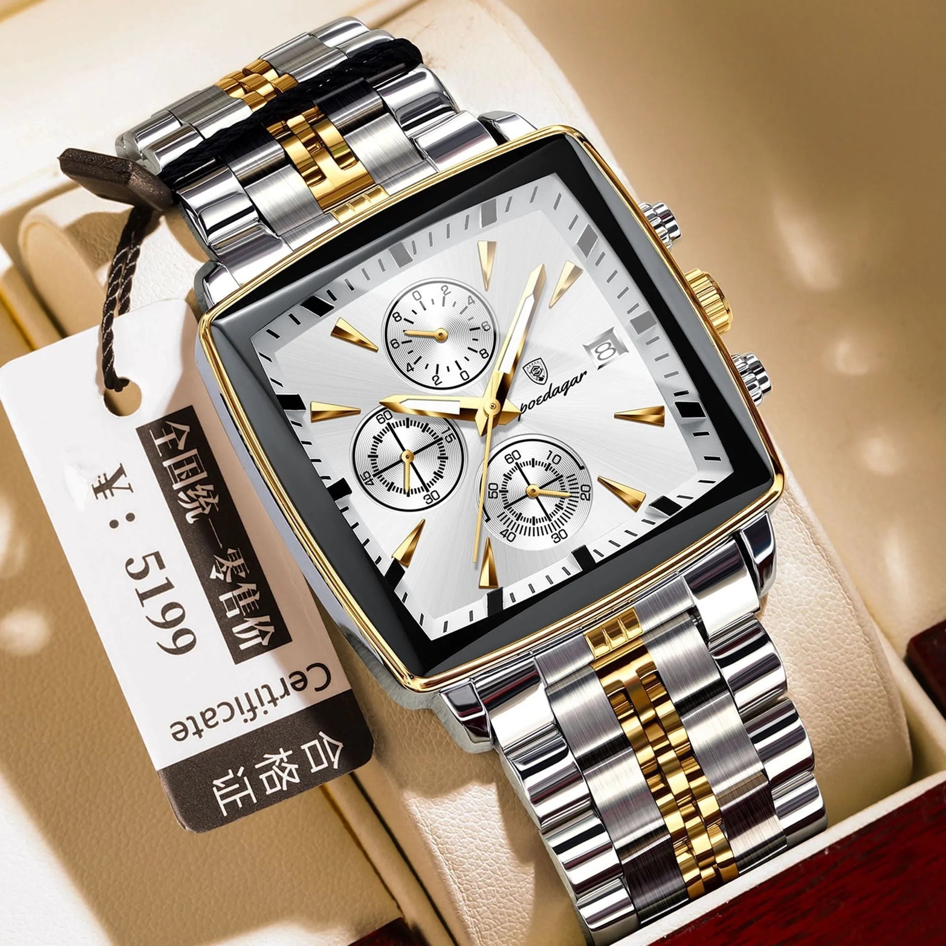 Square men's business watch with stainless steel strap and multiple colour configuration options
