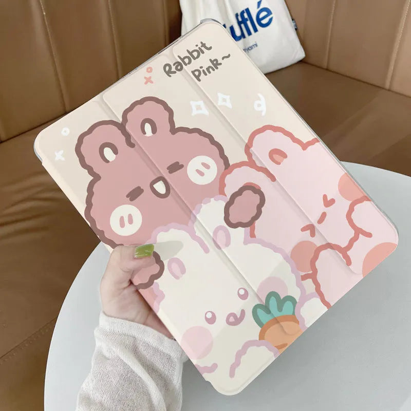 Silicone iPad case with tri-fold design in cartoon rabbit style for iPad Pro and other models