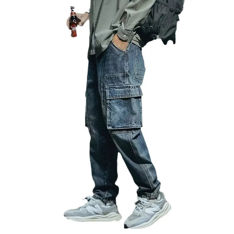 Men's blue loose straight leg retro stretch jeans with zip fly on mannequin