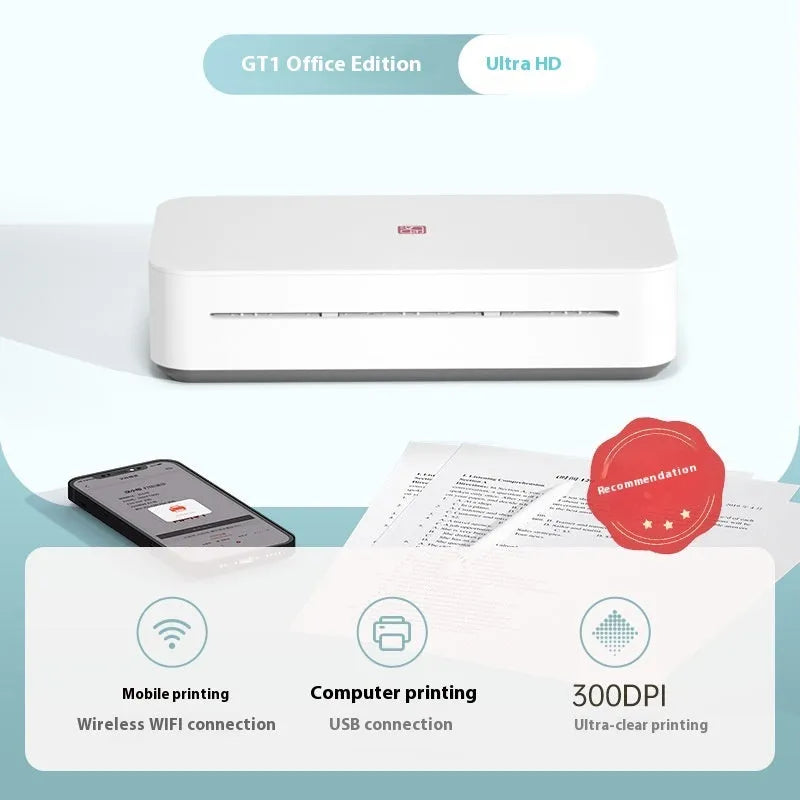 Small intelligent thermal printer with plastic housing, ribbon cartridge, and paper pack for remote learning and home printing.