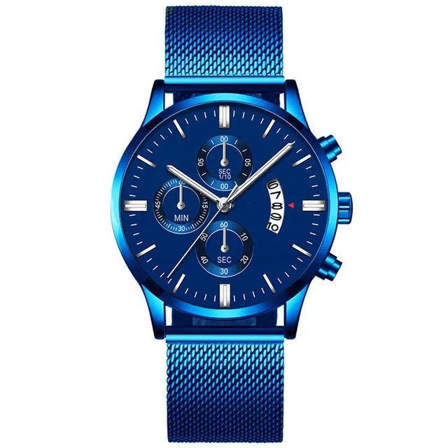 Men's stainless steel mesh band quartz watch with analog display in multiple colour options