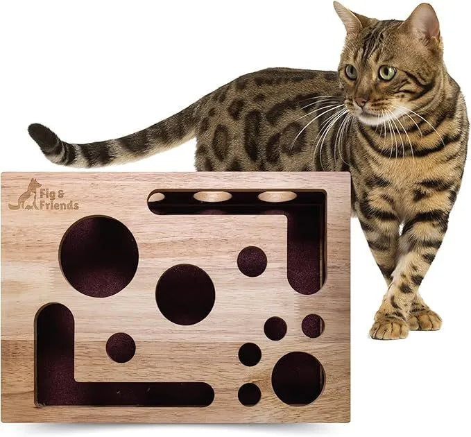 Solid wood square maze cat toy on wooden table natural colour