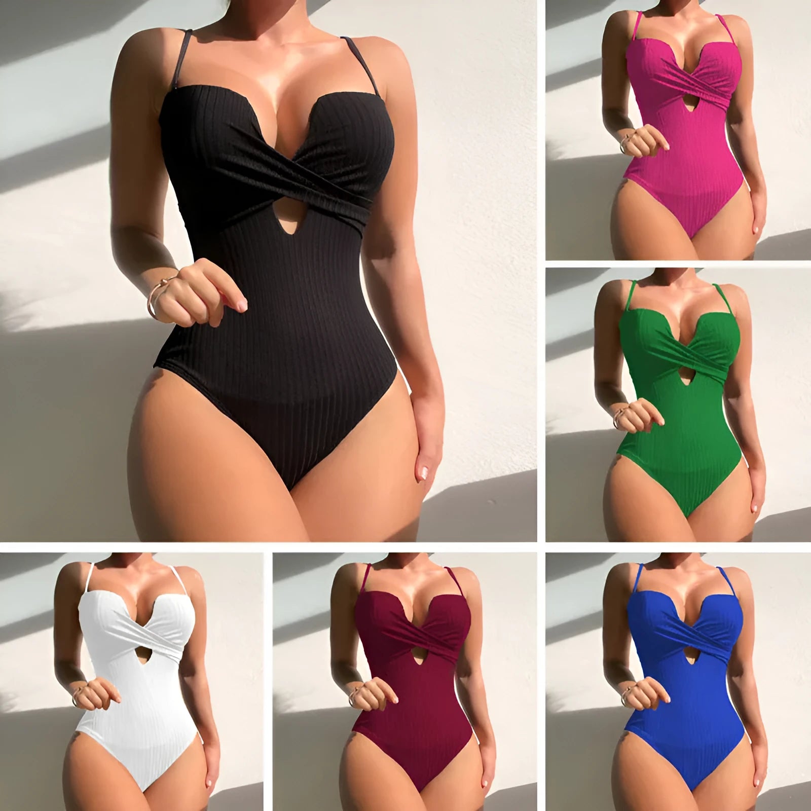 Women's solid colour one-piece swimsuit in slim fit shown in white, burgundy, and rose red.