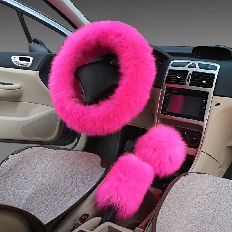 Wool steering wheel cover and handle covers three-piece set in multiple colour options for 38cm diameter wheels