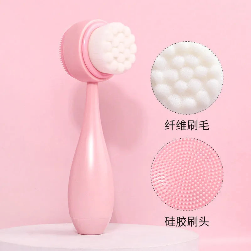 Facial brush with plastic handle and nylon bristles alongside coral fleece absorbent hair band in purple colour