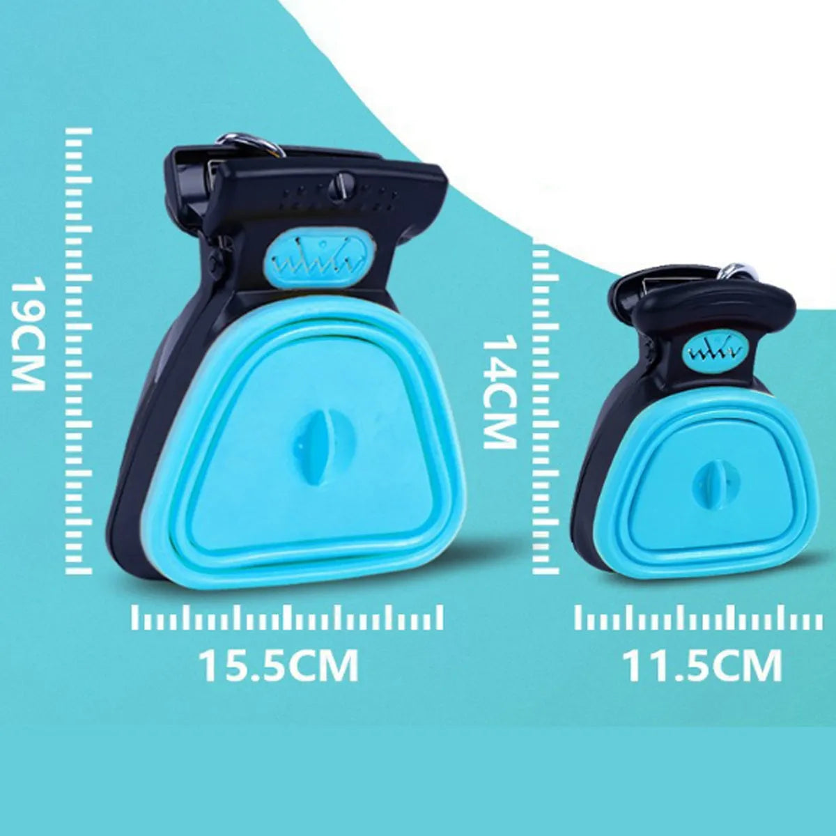 Blue portable dog pooper scooper with clip and expandable waste container next to a dog leash.