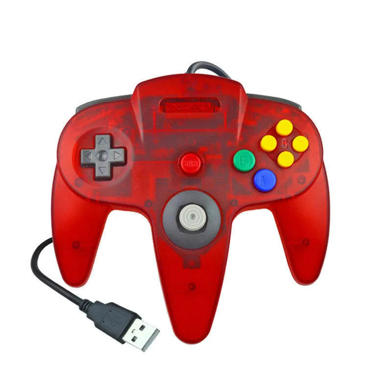USB N64 computer game controller for PC in various colours including transparent blue, green, and red.