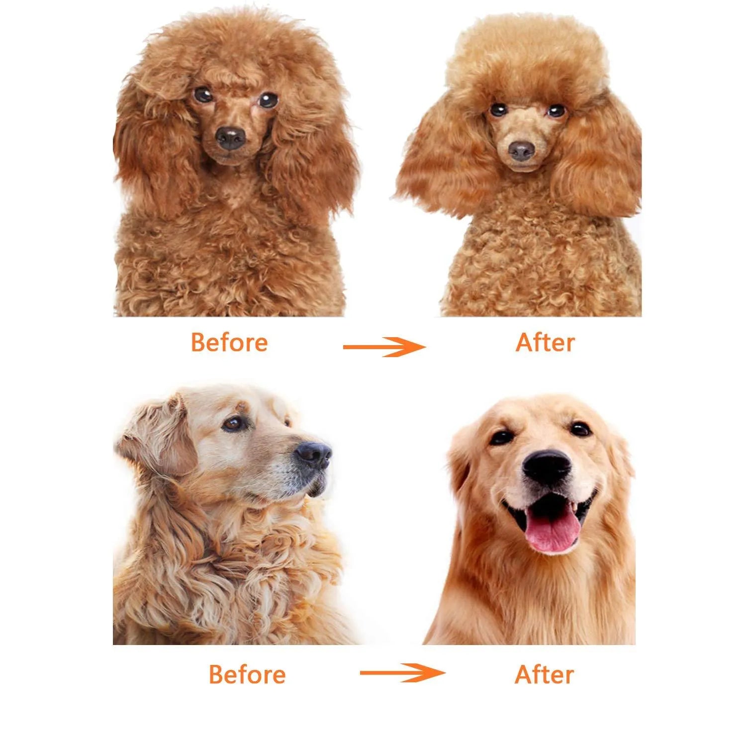 Red pet grooming comb with stainless steel short and long teeth on a plastic anti-slip handle.