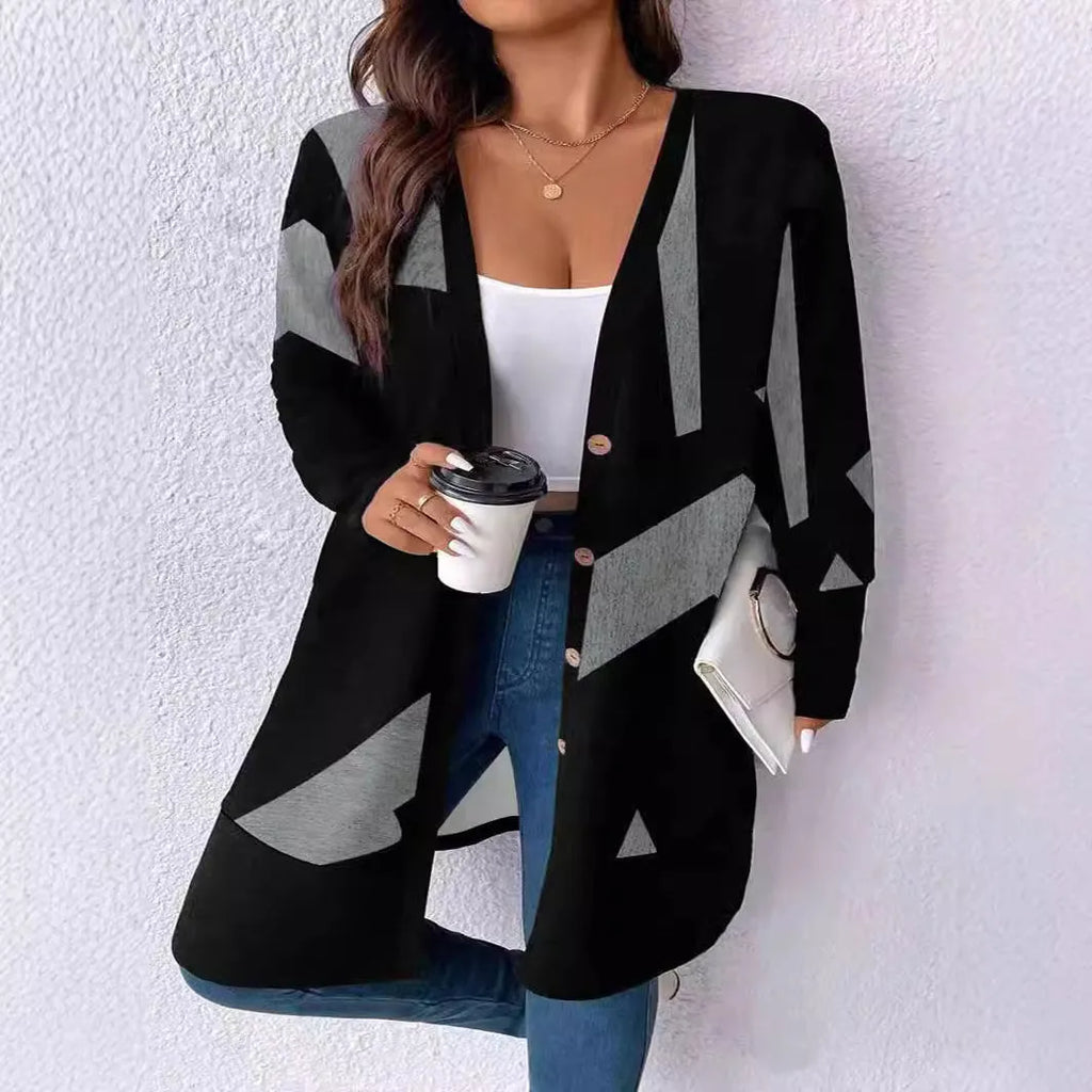 Black plus size polyester cardigan with button fastening in Japanese-Korean casual style