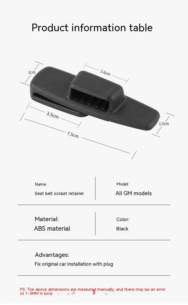 Two black ABS plastic car seat belt stopper clips on vehicle seat