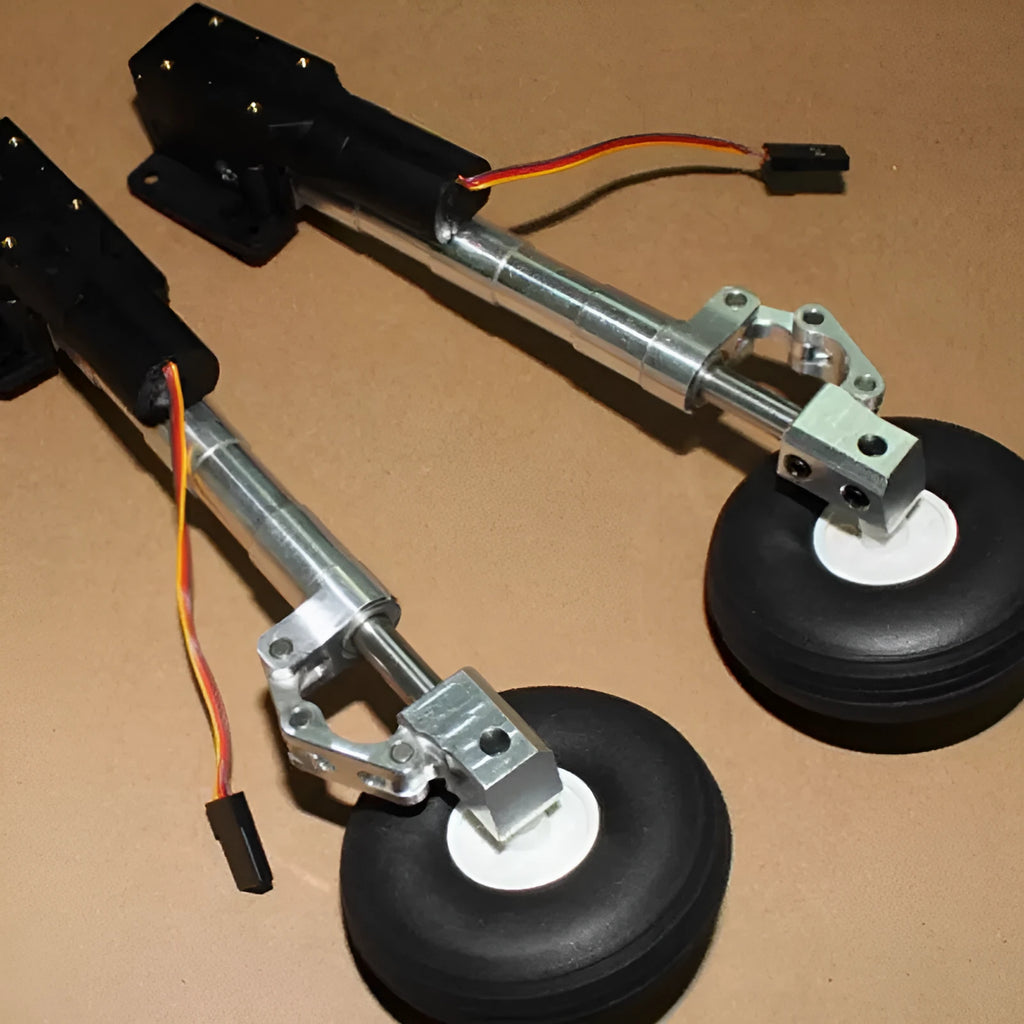 Retractable inclined kneeling damping shock-absorbing alloy landing gear for electric toy aircraft with multiple wheel options