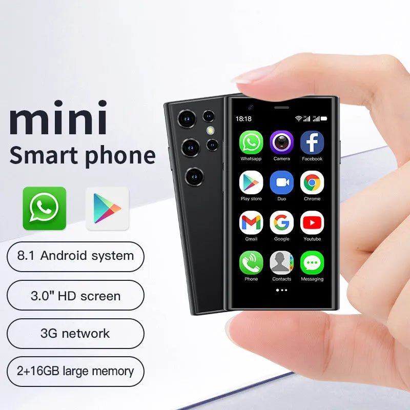Mini Android smartphone with 30cm screen in black, green or pink purple colours showing compact design