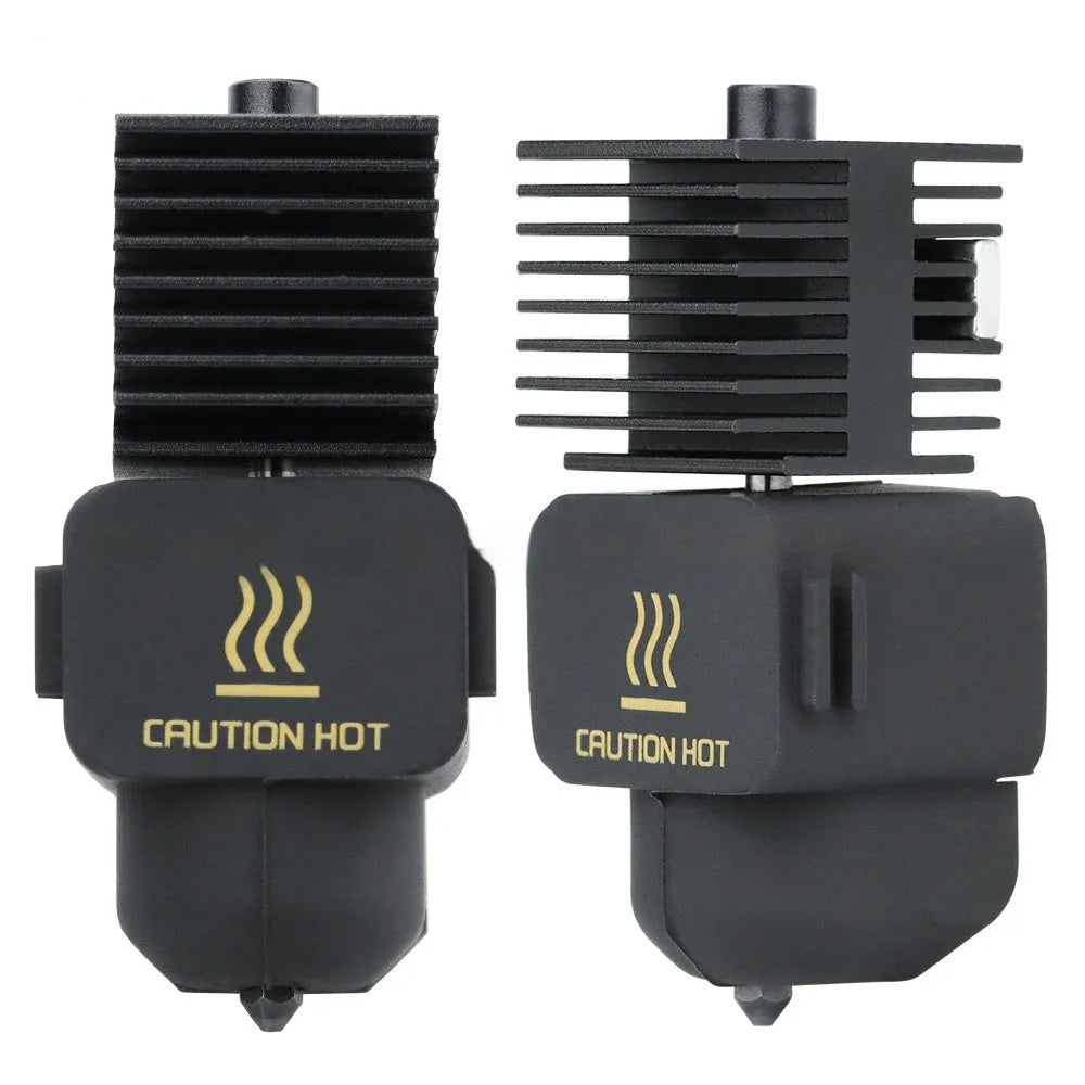 Bambu Lab A1 Mini 3D printer hot end assembly with black silicone sleeve and hardened steel nozzle.