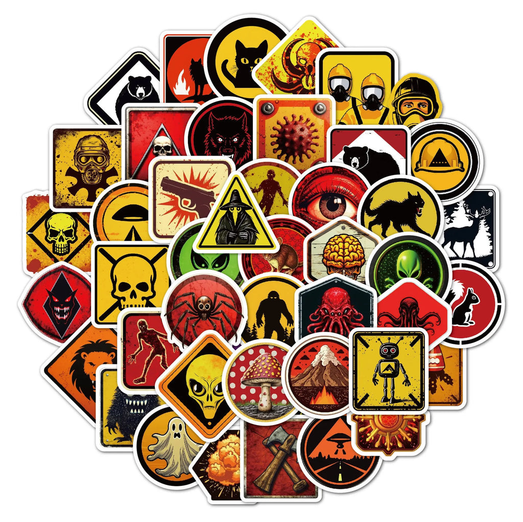 Waterproof warning stickers for helmets with safety slogans, approximately 6-8cm size