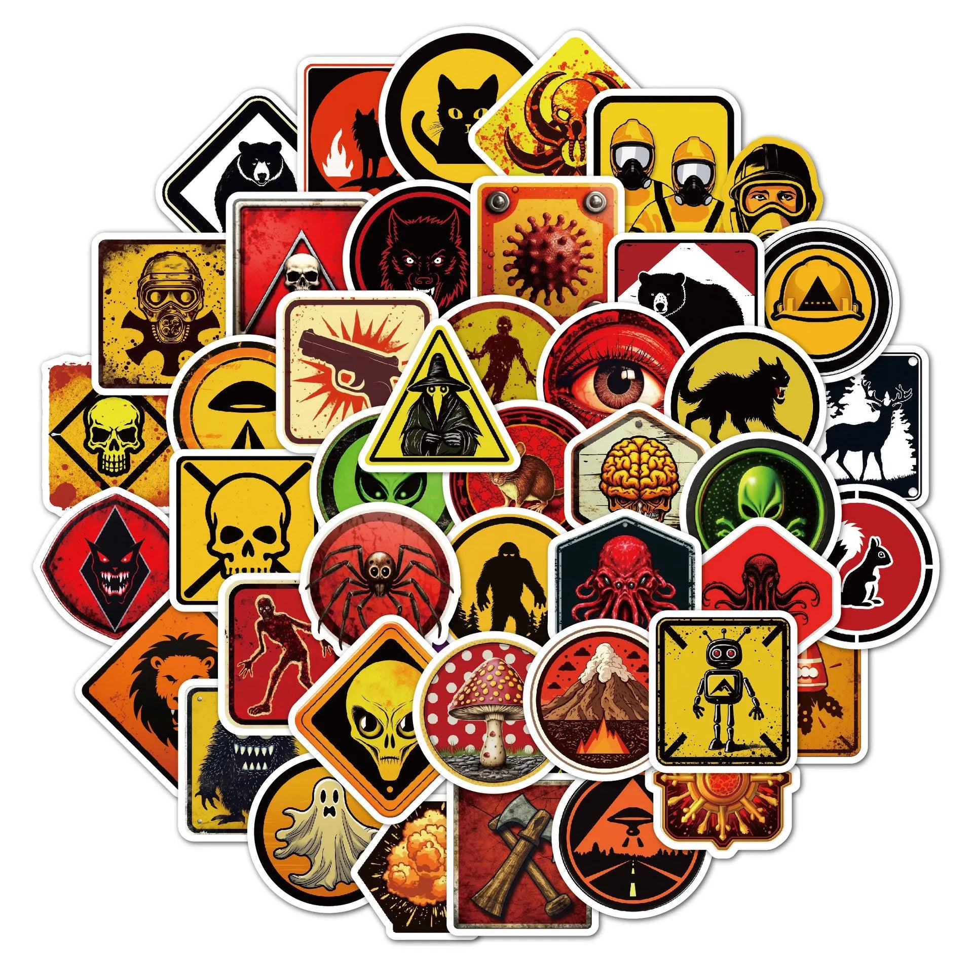 Waterproof warning stickers for helmets with safety slogans, approximately 6-8cm size