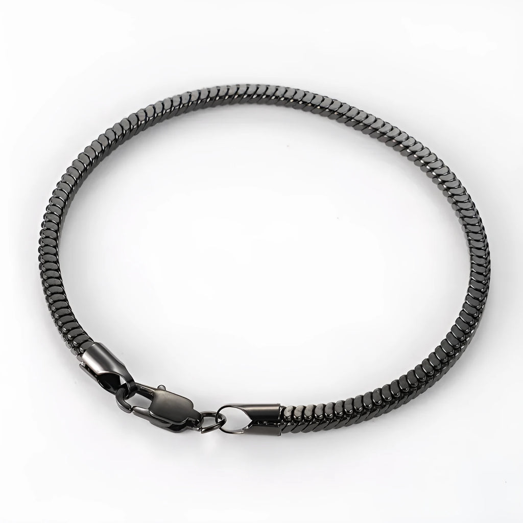Stainless steel snake chain bracelet in silver tone, geometric line design with electroplated finish