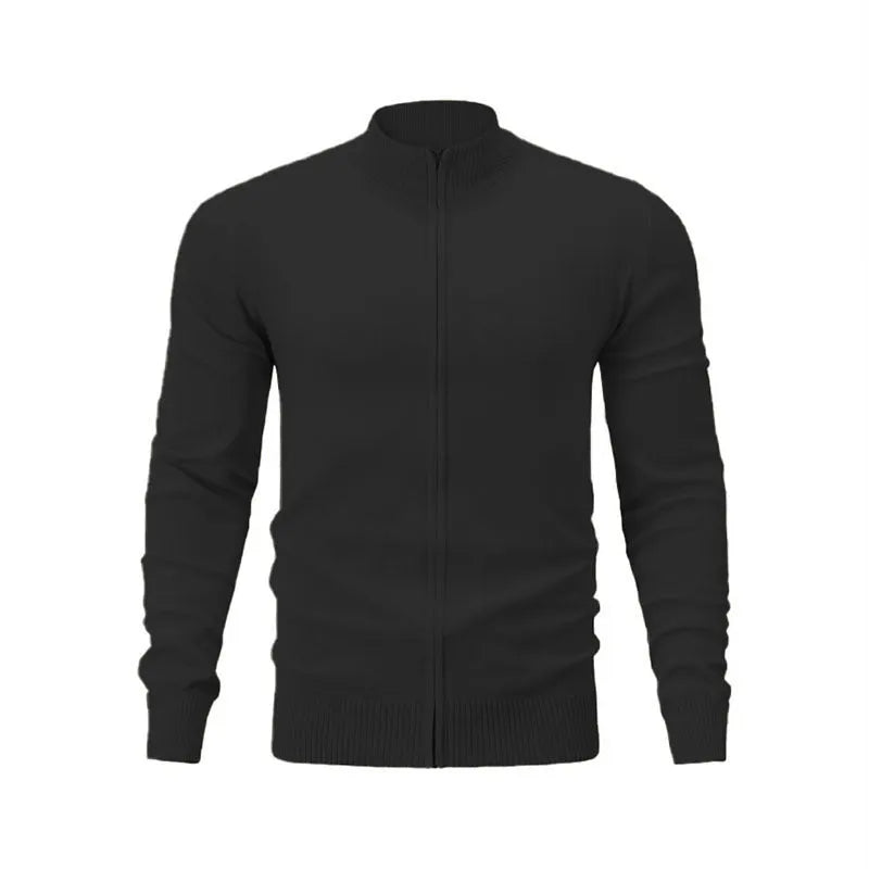 Man wearing a stand collar casual zip-up sweater in a solid colour, showing the full-length front zipper and loose fit.