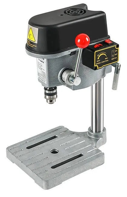 Mini bench drill milling machine with AC power supply and included bench pliers on workbench