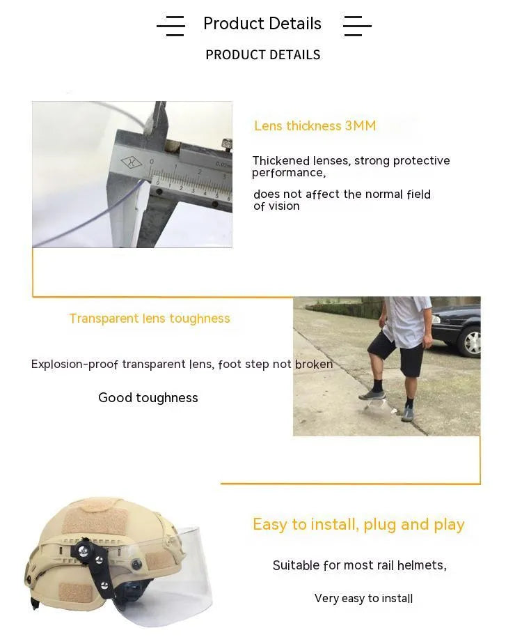 Transparent polycarbonate helmet face protection mask with guide rail mounting