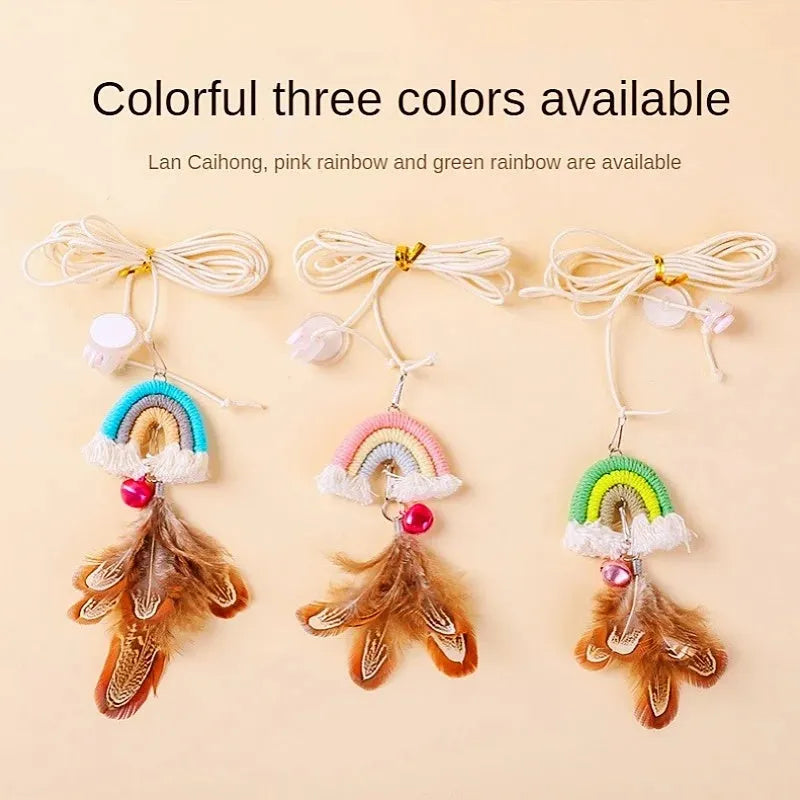 Blue feather cat rope door toy with elastic swing and sticky buckle clamp for feline entertainment