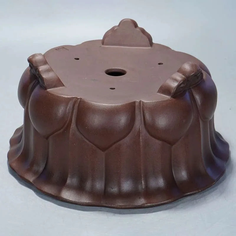 Antique purple-red mud succulent bonsai pot in classical Chinese petal basin style.