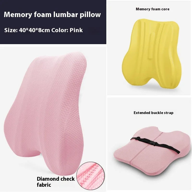 Grey lumbar support cushion for office chair, shown with pink and navy blue colour options.