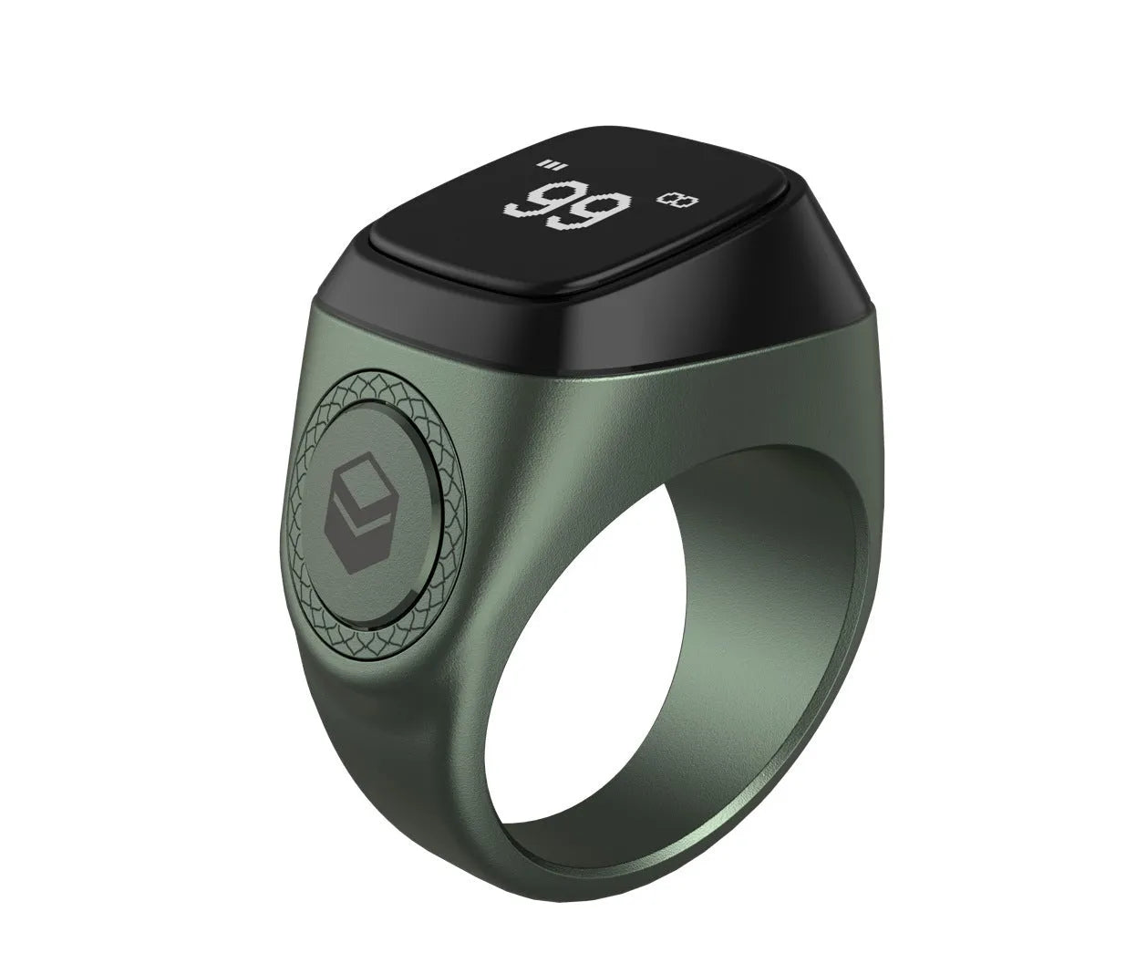 Silver smart ring with a small OLED screen displaying numbers, shown next to its charging case.