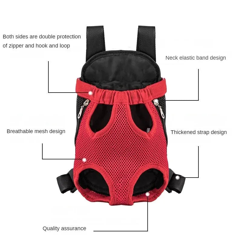 A person wearing a black breathable dog carrier backpack with a small dog inside, showing the open-top design and mesh panels.