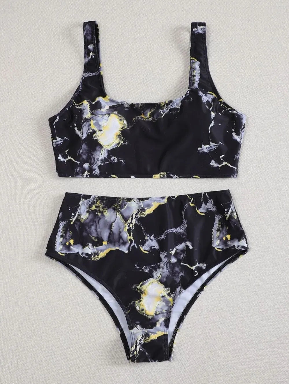 Women's high waist bikini swimsuit set with marble tie-dye print and U-neck design.