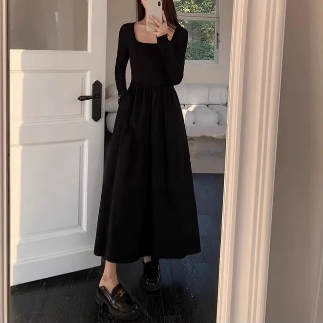 Women's black knitted A-line long sleeve dress with square collar and elasticated waist