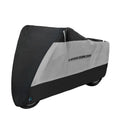 Motorcycle cover in black polyester showing six available sizes for electric vehicles and petrol bikes
