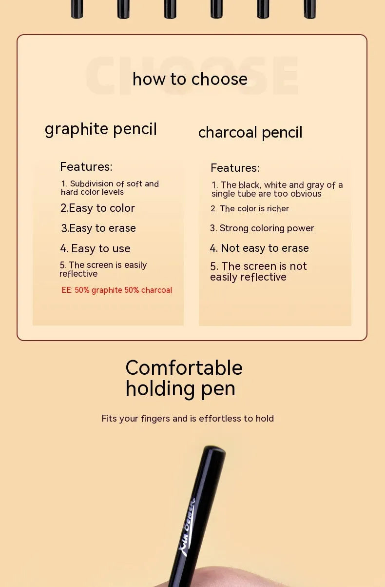 Set of six wood-free graphite sketching pencils in HB, 2B, 4B, 6B, 8B and EE grades