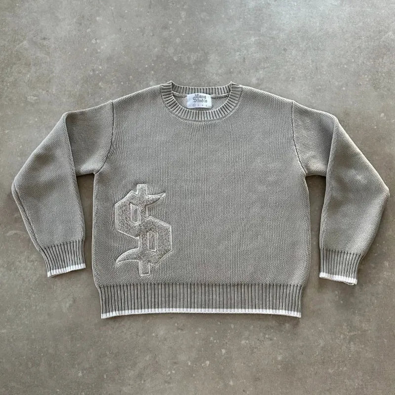 Grey jacquard knitwear coat loose-fitting pullover style with textured weave pattern
