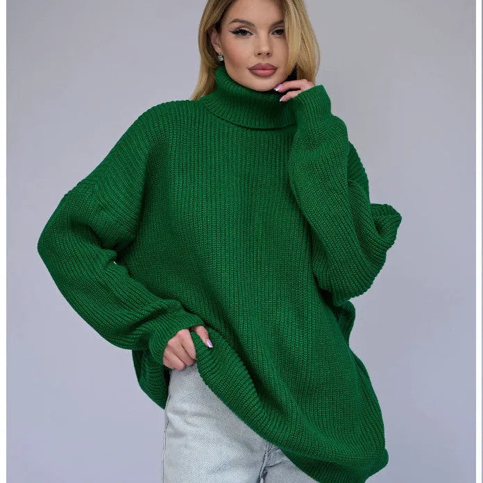 Women's high neck loose fit pullover sweater in thick imitation cashmere fabric, solid colour option shown.
