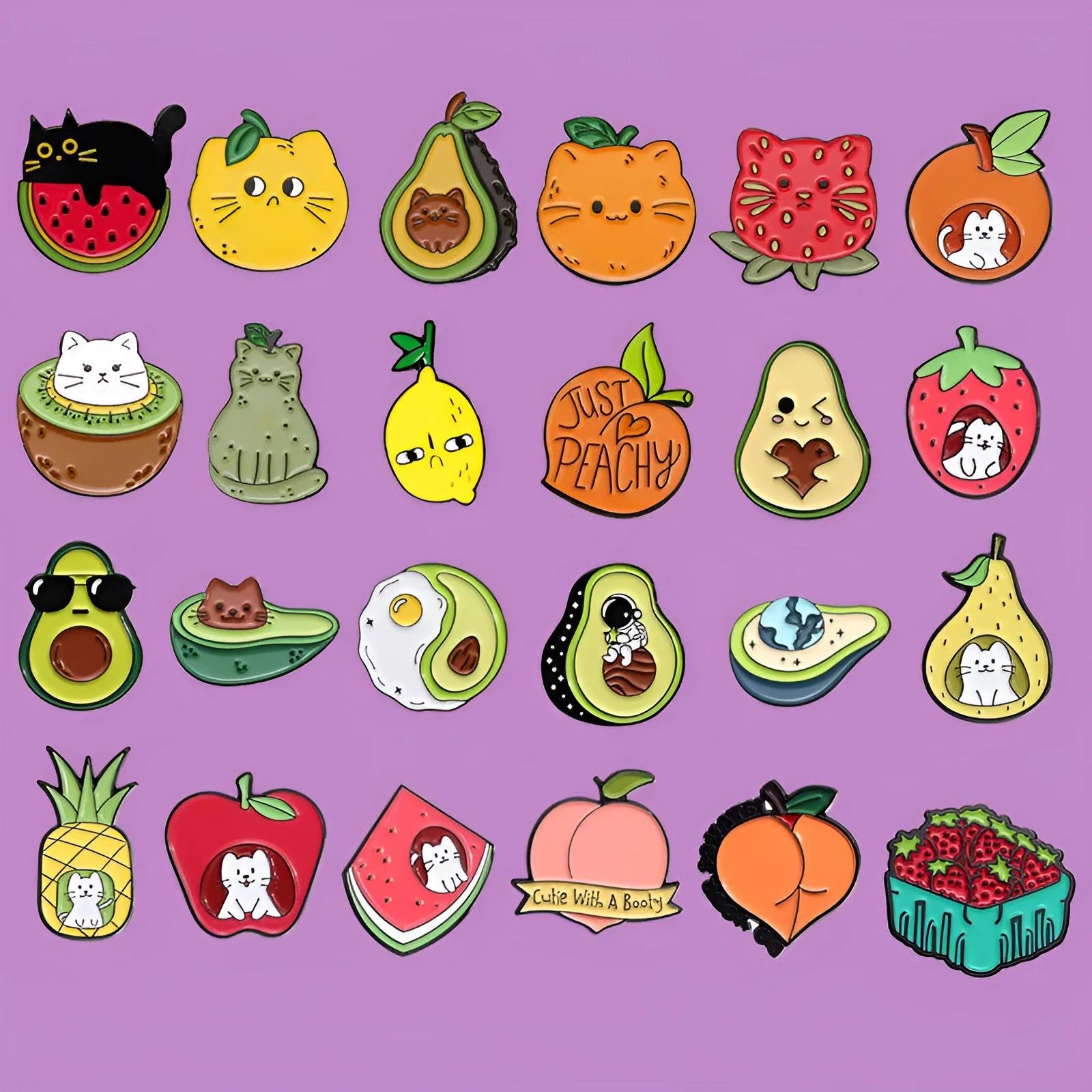 Colourful metal brooch with cartoon fruit and letter design on a blue background.