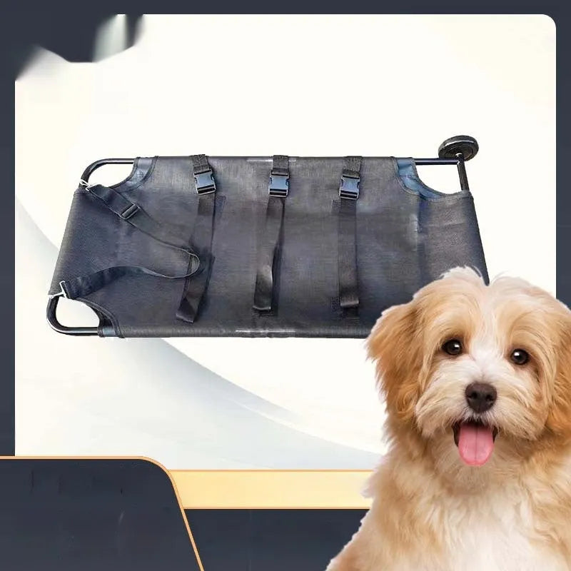 Large black foldable aluminium pet stretcher for emergency dog transport with collapsed frame
