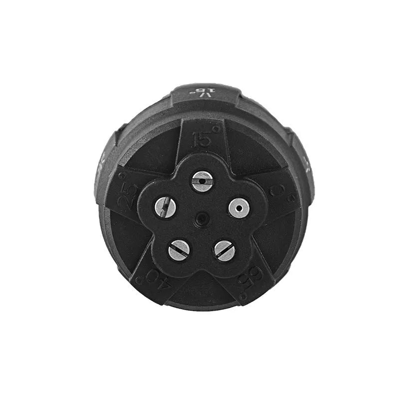 Five-in-one plastic spray nozzle for high-pressure water guns showing five spray pattern settings